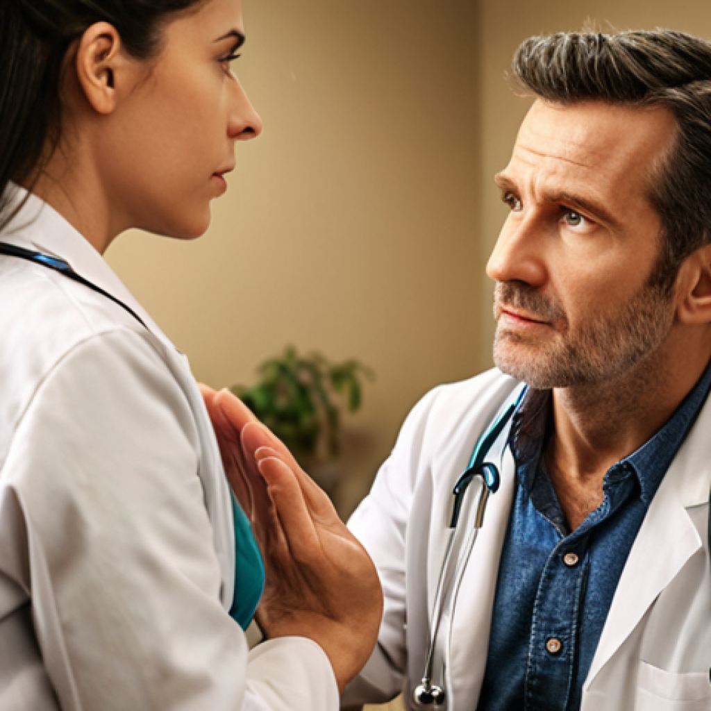 **

A doctor actively listening to a patient with chronic pain. The setting is a cozy medical office. Focus on the doctor's empathetic expression and the patient's body language showing relief. Soft, warm lighting. Depicting active listening as key to empathy.

**