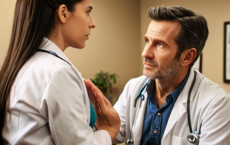 **

A doctor actively listening to a patient with chronic pain. The setting is a cozy medical office. Focus on the doctor's empathetic expression and the patient's body language showing relief. Soft, warm lighting. Depicting active listening as key to empathy.

**