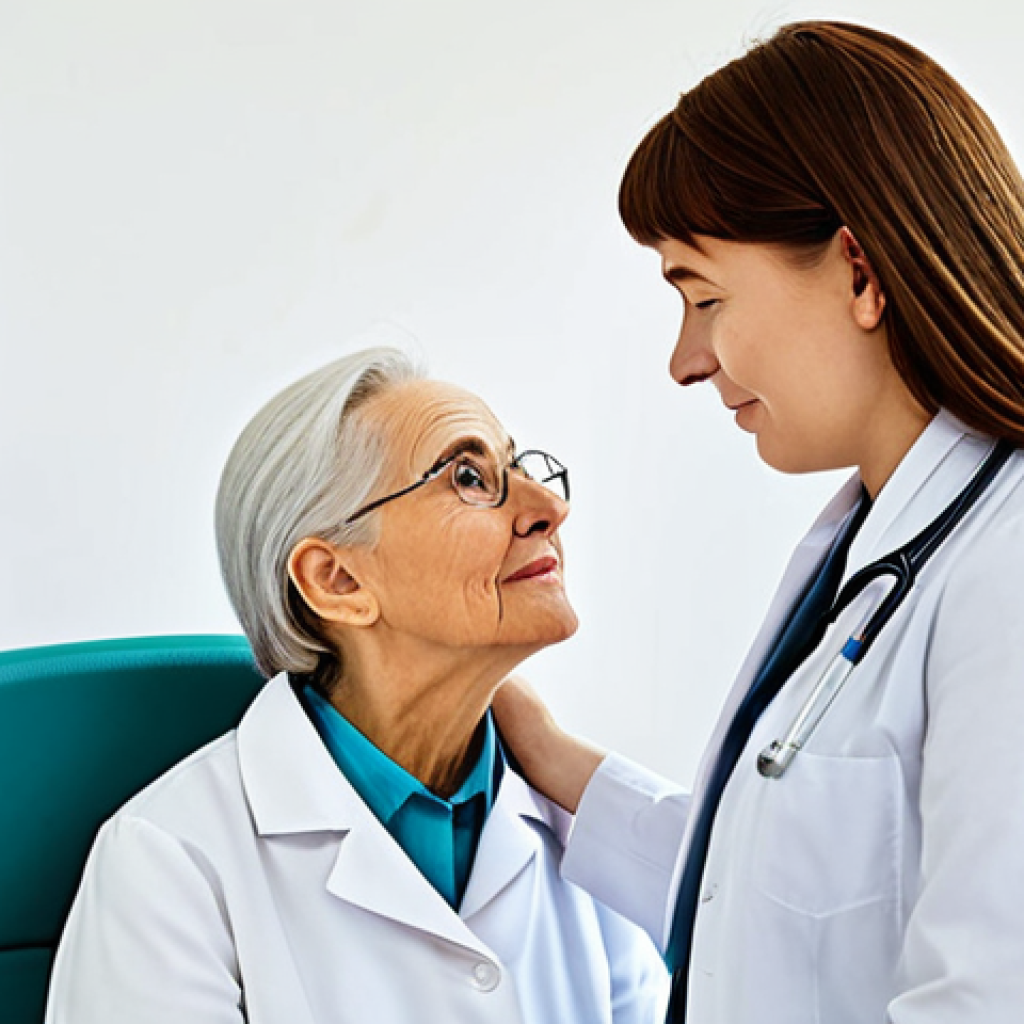 **Image Prompt:** A compassionate doctor in a modern, bright German medical office, attentively listening to an elderly patient share their story. The doctor is fully clothed in professional attire (white coat, modest blouse), creating a safe and supportive atmosphere. Background includes framed medical diplomas and comforting artwork. Perfect anatomy, correct proportions, natural pose, safe for work, appropriate content, fully clothed, professional, family-friendly, high quality.