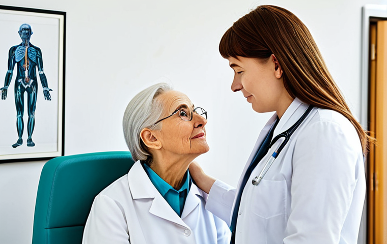 **Image Prompt:** A compassionate doctor in a modern, bright German medical office, attentively listening to an elderly patient share their story. The doctor is fully clothed in professional attire (white coat, modest blouse), creating a safe and supportive atmosphere. Background includes framed medical diplomas and comforting artwork. Perfect anatomy, correct proportions, natural pose, safe for work, appropriate content, fully clothed, professional, family-friendly, high quality.