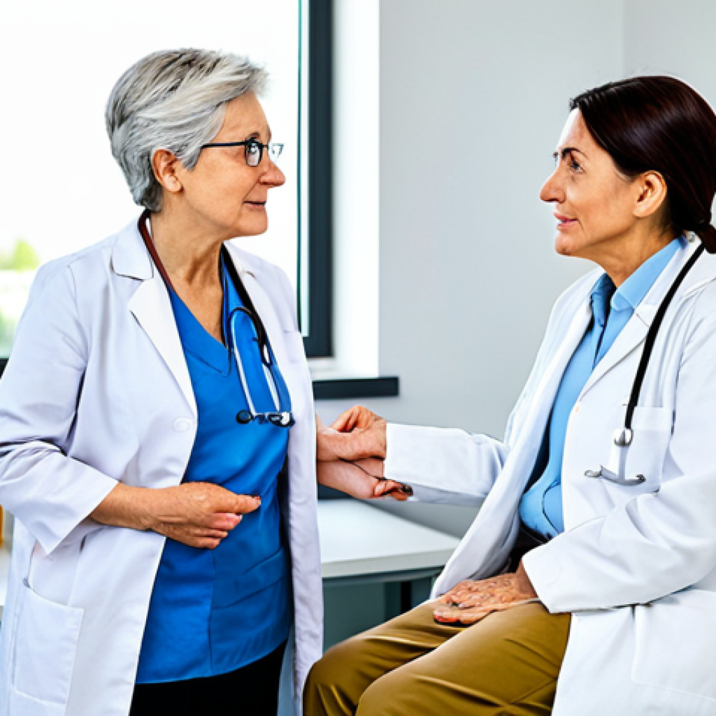 **
"A kind, mature female doctor in a brightly lit consultation room, listening attentively to an elderly woman patient. The doctor is wearing a professional lab coat and the patient is in modest everyday clothing. Focus on the empathetic connection. Safe for work, appropriate content, fully clothed, perfect anatomy, natural proportions, professional medical photography, doctor-patient relationship, family-friendly."
**