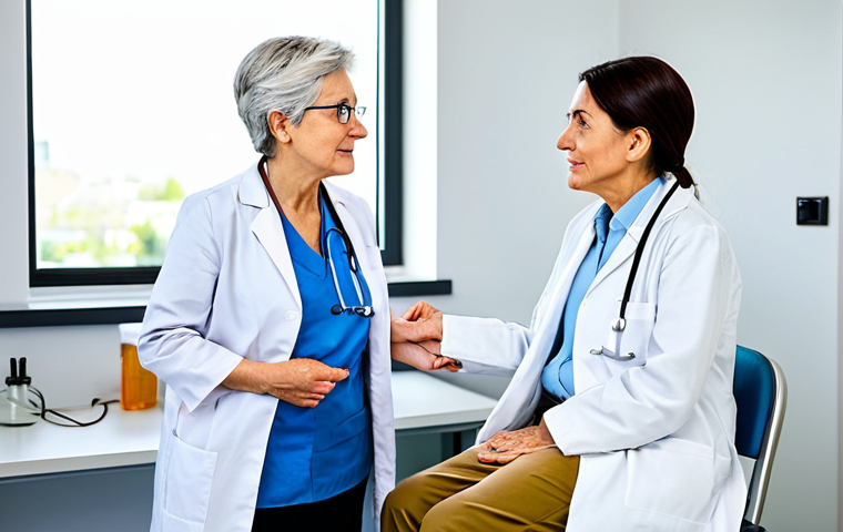 **
"A kind, mature female doctor in a brightly lit consultation room, listening attentively to an elderly woman patient. The doctor is wearing a professional lab coat and the patient is in modest everyday clothing. Focus on the empathetic connection. Safe for work, appropriate content, fully clothed, perfect anatomy, natural proportions, professional medical photography, doctor-patient relationship, family-friendly."
**
