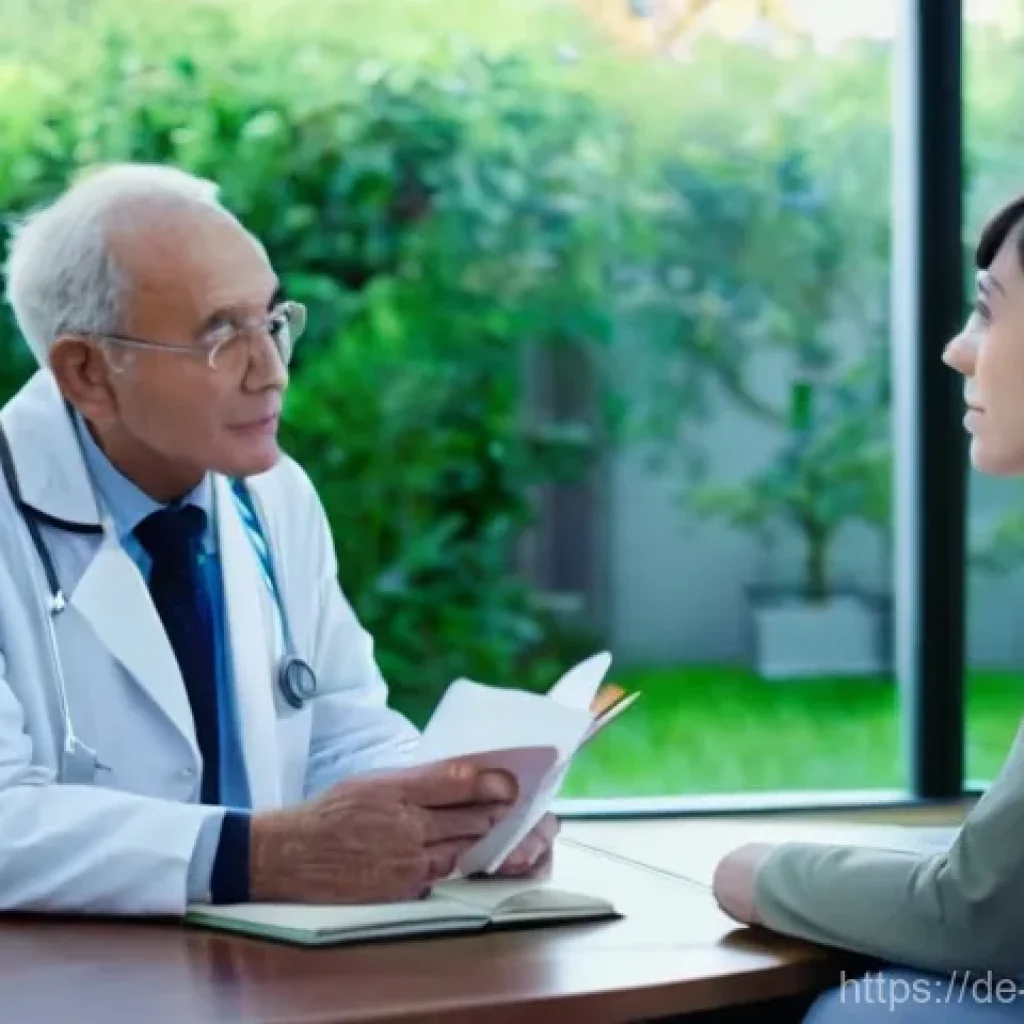 내러티브 의학과 의사 교육 - **A Compassionate Doctor's Consultation:** A wide shot of a brightly lit, modern yet warmly decorate...
