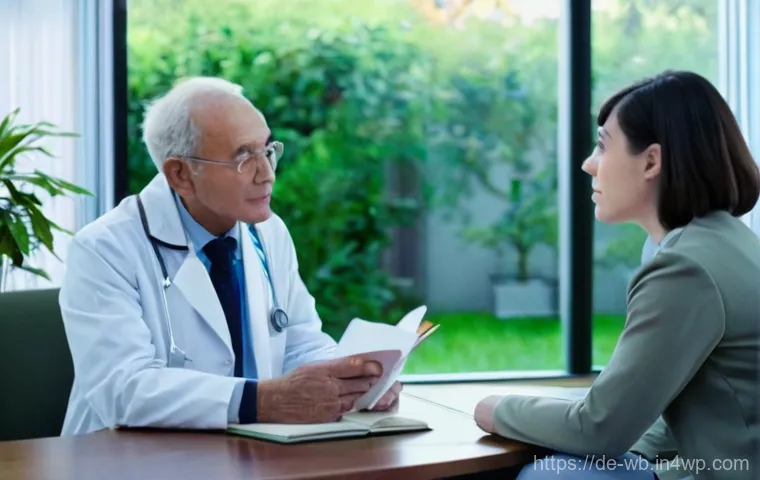 내러티브 의학과 의사 교육 - **A Compassionate Doctor's Consultation:** A wide shot of a brightly lit, modern yet warmly decorate...