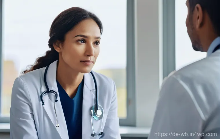 내러티브 의학의 이론적 토대 - **Prompt:** A compassionate female doctor, mid-career with kind eyes, attentively listens to an elde...