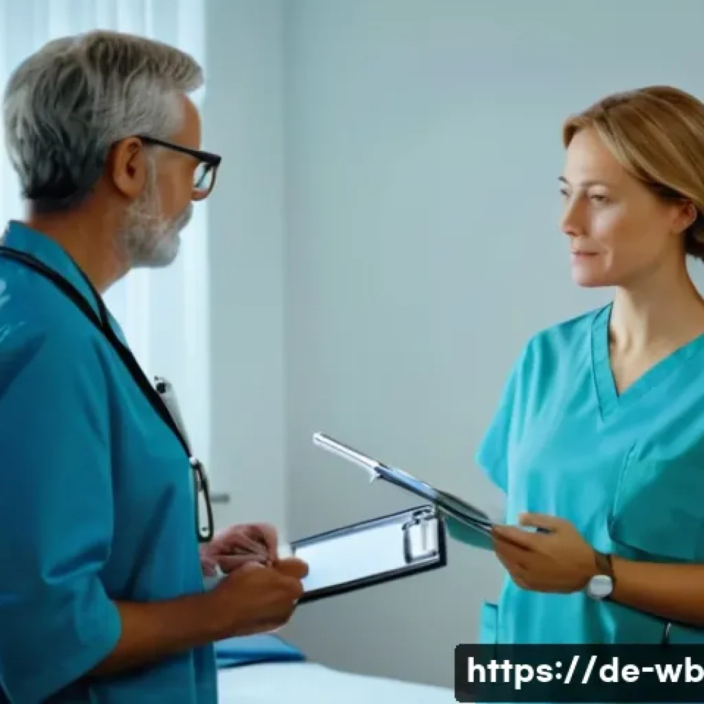 내러티브 의학과 환자 중심 치료 - A warm, professional medical consultation scene in a modern German clinic, showing a female doctor a...