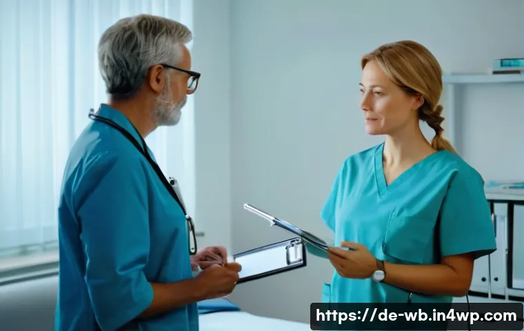 내러티브 의학과 환자 중심 치료 - A warm, professional medical consultation scene in a modern German clinic, showing a female doctor a...