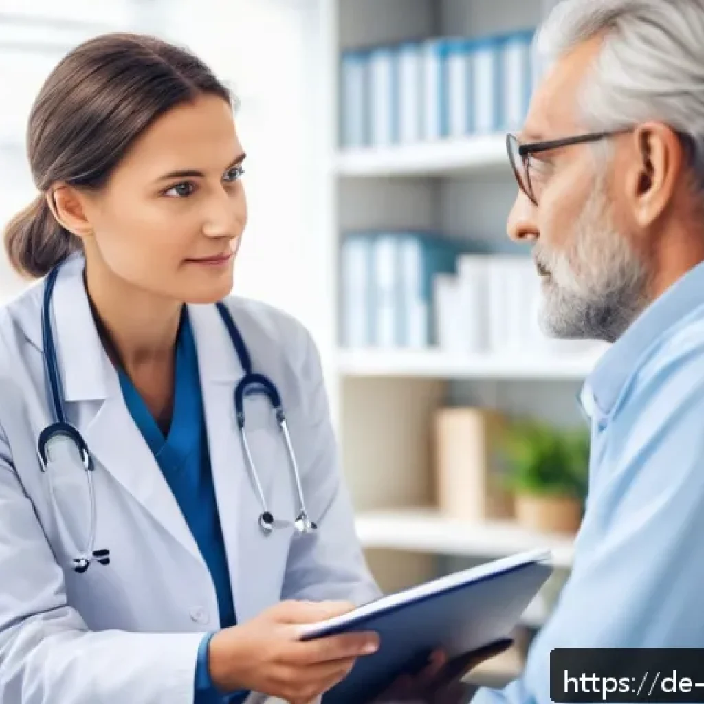 내러티브 의학에서의 비판적 사고 - A compassionate doctor attentively listening to a middle-aged German patient in a modern medical off...