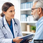 내러티브 의학에서의 비판적 사고 - A compassionate doctor attentively listening to a middle-aged German patient in a modern medical off...