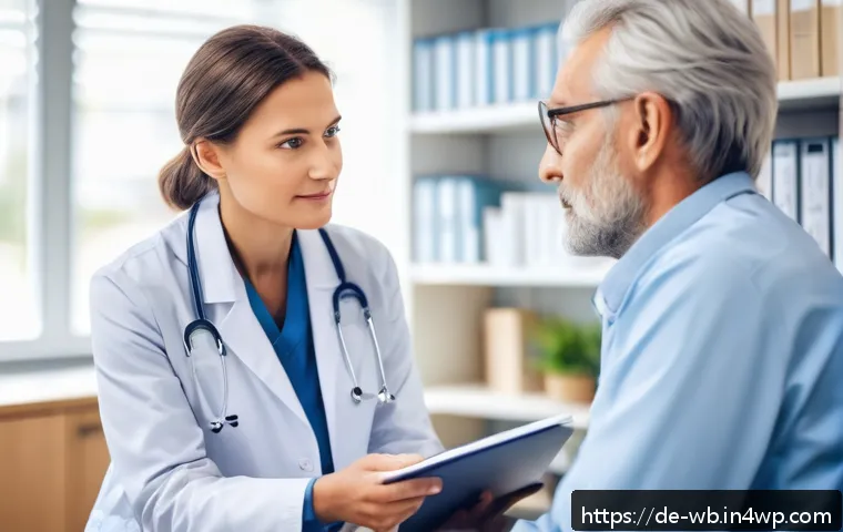 내러티브 의학에서의 비판적 사고 - A compassionate doctor attentively listening to a middle-aged German patient in a modern medical off...