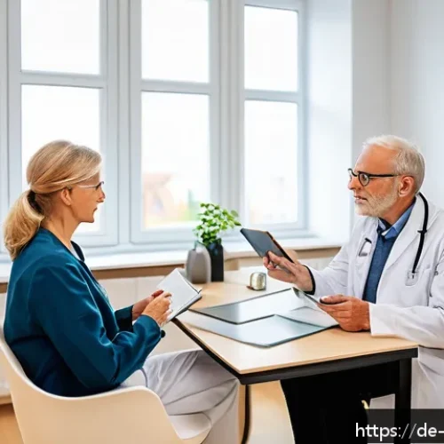 내러티브 의학의 최신 동향 - A warm, modern doctor&rsquo;s office in Germany with a middle-aged female doctor attentively listening to ...