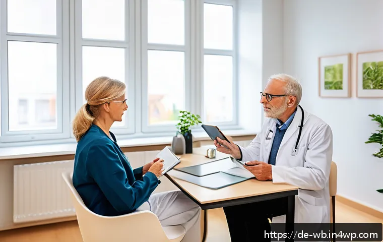 내러티브 의학의 최신 동향 - A warm, modern doctor’s office in Germany with a middle-aged female doctor attentively listening to ...