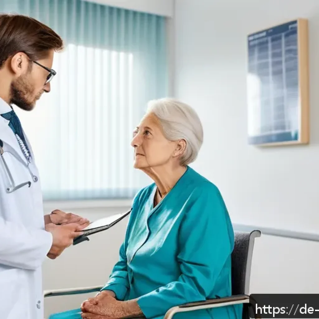 내러티브 의학의 수업 계획 - A compassionate doctor attentively listening to an elderly German female patient in a modern hospita...