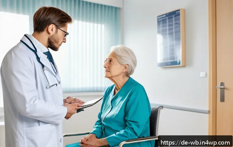 내러티브 의학의 수업 계획 - A compassionate doctor attentively listening to an elderly German female patient in a modern hospita...