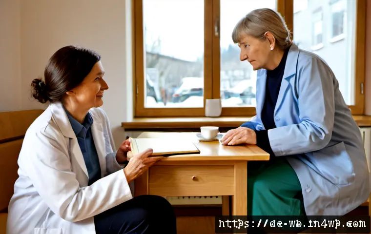 Home 17 내러티브 의학의 다양한 실천 사례 - Photorealistic documentary-style scene in a welcoming German family medical practice, an older femal...