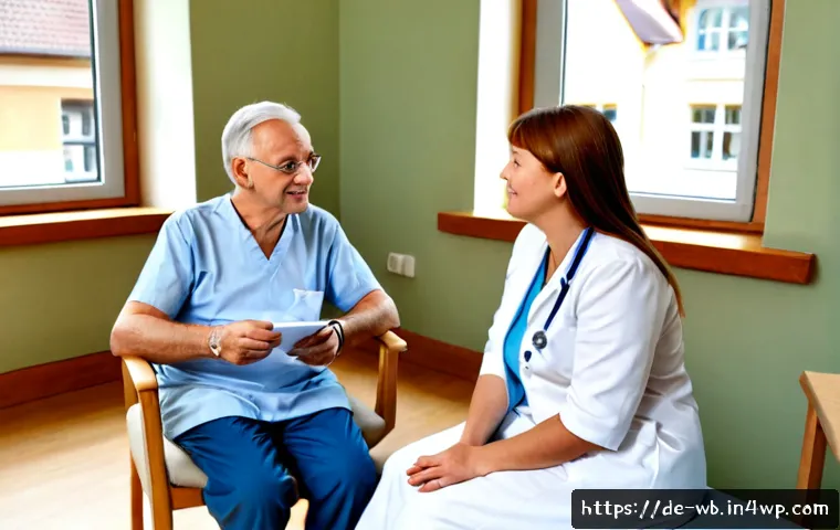 내러티브 의학에서의 환자 참여 방법 - Photorealistic narrative medicine consultation in a welcoming German family clinic, an older adult p...
